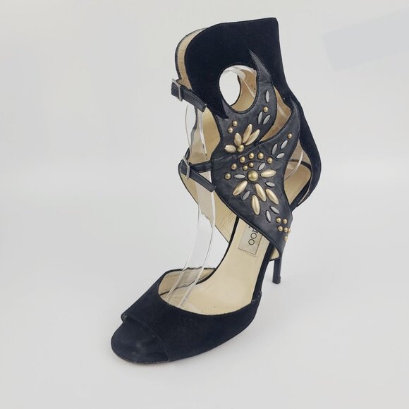 Jimmy Choo Heels Black Suede Floral Beaded Cutout Ankle Cuff Sandals Size 38 - Picture 6 of 7